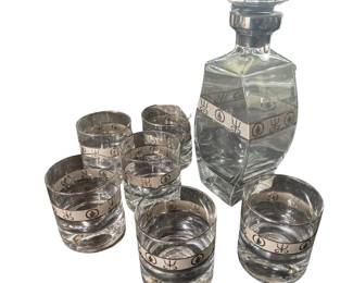 MidCentury Style MCM Gold Hawaiian Tiki Tribal Or Western Symbols Decanter Glasses Bar