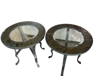 Pair End Tables Round Beveled Glass Top Ceramic Tile Mosaic