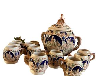 Vintage GERZ Rumtopf Castle Gluhwein Punch Bowl Tureen Lid+Mugs