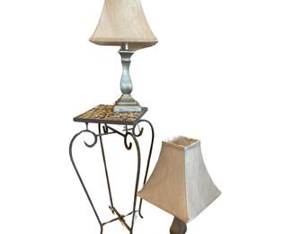 Mosaic Tile Glass Top Table Plant Stand + Pair Lamps