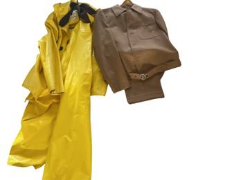 Never-Worn 1960s German Mens Suit Short Belt Waist Jacket IKE & Pants + Rain Gear