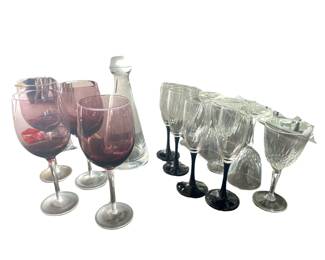Wine Champagne Glasses Cut Lead Black Stems Amethyst + Modern Decanter