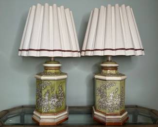 Pair Of Green Chinese Style Octagonal Lamps