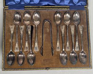 Set Of 12 Silver Plate Tea Spoons And Sugar Tongs, Marked L W S
