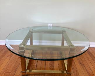 Vintage Hollywood Regency Style Glass Top Coffee Table With Brass Base
