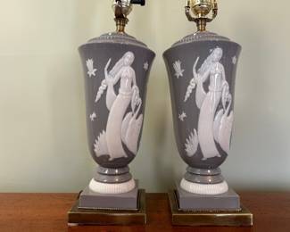 Pair Of De Vegh For Lenox, Art Deco, Leda And The Swan, Porcelain Lamps