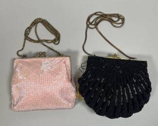 Two Vintage Magid Evening Bags, On Black Beaded, One Pink Beaded
