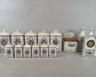 Vintage Victoria China 15 Piece Spice Canisters And Oil & Vinegar Set, Czechoslovakia
