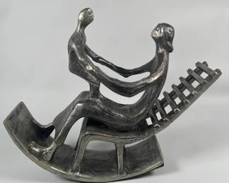 After Henry Moore, Mother And Child On Ladderback Rocking Chair, Cast Metal
