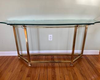 Hollywood Regency Style Brass And Glass Console TableVintage French Art Nouveau Style Arm Chair With Rose Upholstery