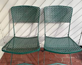 Pair Of Green Painted Woven Metal Outdoor Folding Side Chairs

