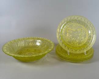 Yellow Depression Glass Bowl And Four Plates
