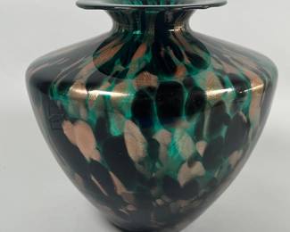 Blown Glass Vase In Dark Green With Copper Accents