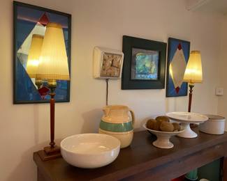 Mid century table lamps, pottery and artwork