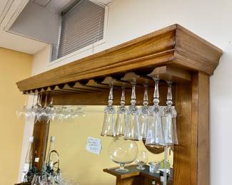 Oak bar with dry sink, black formica top, a 2 door cabinet and drawer and oak back bar, storage for stem ware, mirror back, 2 bar height stools: Sold all together $995 Please contact Diana via text or phone 708-670-2189 to arrange&nbsp;payment or with any questions.&nbsp;
