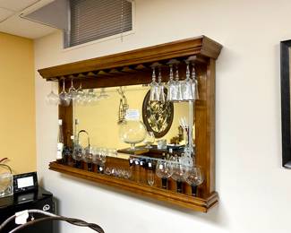 Oak bar with dry sink, black formica top, a 2 door cabinet and drawer and oak back bar, storage for stem ware, mirror back, 2 bar height stools: Sold all together $995 Please contact Diana via text or phone 708-670-2189 to arrange&nbsp;payment or with any questions.&nbsp;
