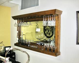 Oak bar with dry sink, black formica top, a 2 door cabinet and drawer and oak back bar, storage for stem ware, mirror back, 2 bar height stools: Sold all together $995 Please contact Diana via text or phone 708-670-2189 to arrange&nbsp;payment or with any questions.&nbsp;
