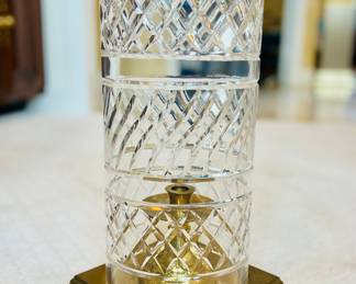 LARGE ANTIQUE BRASS CRYSTAL HURRICANE PILLAR CANDLE HOLDER
