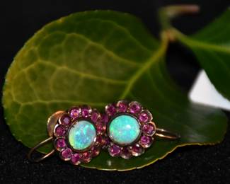 Edwardian Opal & Ruby Screw Back Earrings Set in 9ct Gold