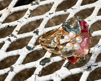 Cellini Diamond, Pearl, Pink Tourmaline, Blue Topaz, 14K Yellow Gold
