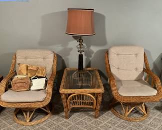 Two of three matching vintage rattan chairs; vintage rattan end/accent table.