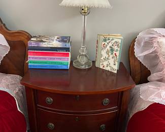 Bombay two-drawer nightstand; etched glass lamp with vintage shade.