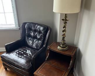 Vintage leather easy chair; mid-century two-tier side/end table.