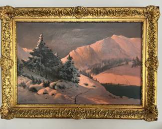 Russian artist Ivan Nicolelzky, snowy landscape with sunset.