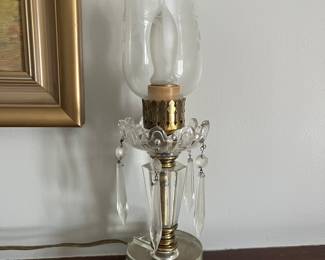 One of two matching vintage clear/etched glass mantle lamps.
