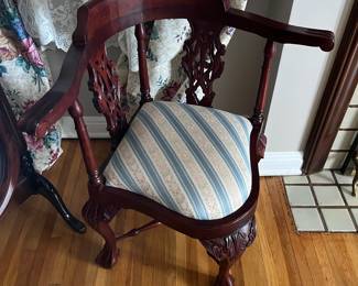Vintage mahogany carved chippendale-style corner chair.