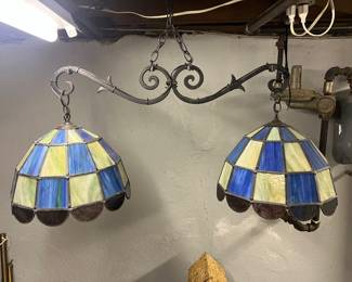 Vintage stained glass hanging lamp with two shades/lights.