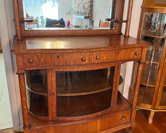 Antique round glass oak curio [we have the wooden shelves] with mirror