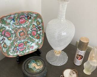 glass vase SOLD antique powder tin, perfume, antique rose plate