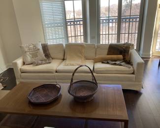 8' long sofa in textured ivory fabric recently upholstered