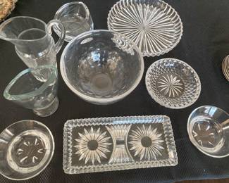 Baccarat pitcher SOLD, Orrefors lg bowl and 2 small bowls, cut crystal tray