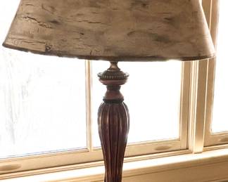 41. Carved Wood Lamp w/ Birch Bark Shade (48")