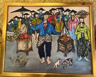 35. Oil on Canvas Asian Market Scene (19" x 15")