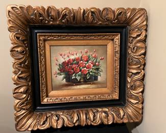 112. Floral Still Life on Board in Ornate Frame (21" x 20")