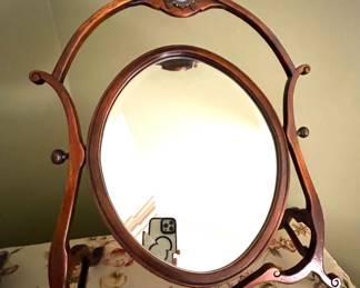 104. Beveled Dressing Mirror w/ Leather Back and Mahogany Claw Foot Stand (21" x 10" x 28")
