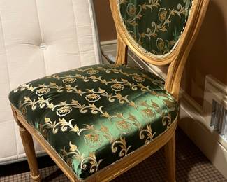122. Wood Frame Side Chair w/ Green & Gold Upholstery (19" x 19" x 39")