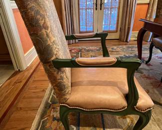 1. Set of 8 Hickory Chair Co. Dining Chairs w/ Upholstered Back & Leather Seat 2 Arm (25" x 22" x 41") 6 Side (21" x 21" x 41")