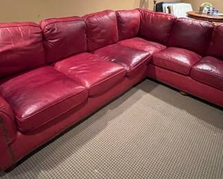 115. Red Leather 2pc Sectional w/ Nailhead Detail (112" x 90" x 36" x 37") as is