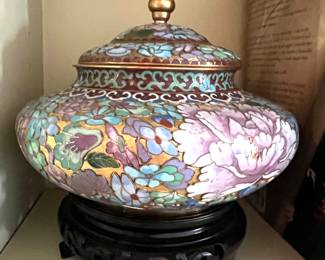 28. Chinese Champleve Cloisonne Enamelled Lidded Jar on Wood Base (6")