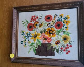 retro Floral framed embroidery wall art