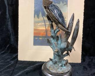 SPI Bronze Sea Turtle Statue and K Koyama Vintage Pacific Island Print