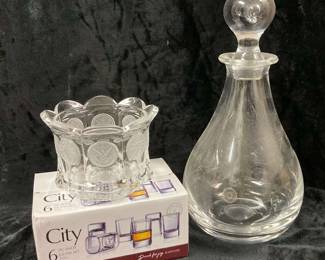 Darrington Crystal Decanter, Fostoria Coin Glass Shot Glasses