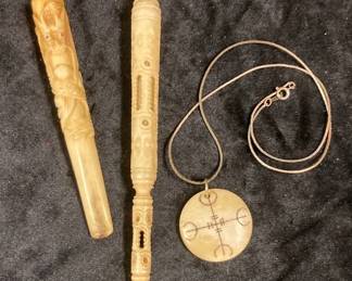 Carved Bone Pipe Pieces And Pendant