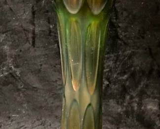 Fenton Iridescent Green Glass Thumbprint Vase