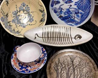 Pottery Buffalo, Gaiwan, Fish Platter, Mixing Bowl and Japanese Crane Bowl