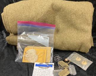 Vintage Military Pins, Dog Tags And Wool Blanket